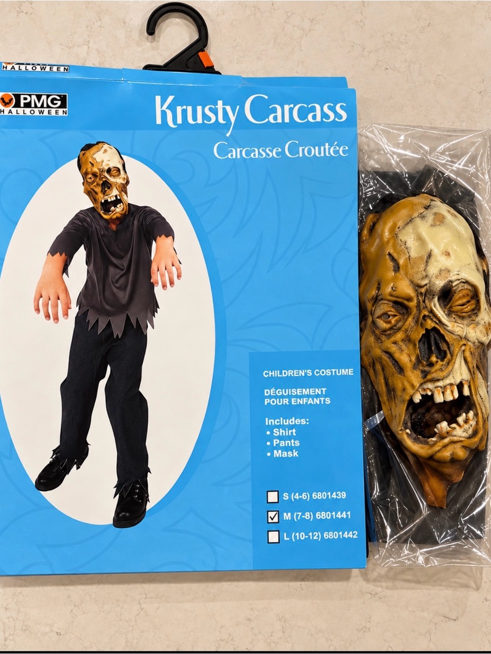 NWT Krusty Carcass Kids Halloween Costume - Tan Mask & Black Outfit